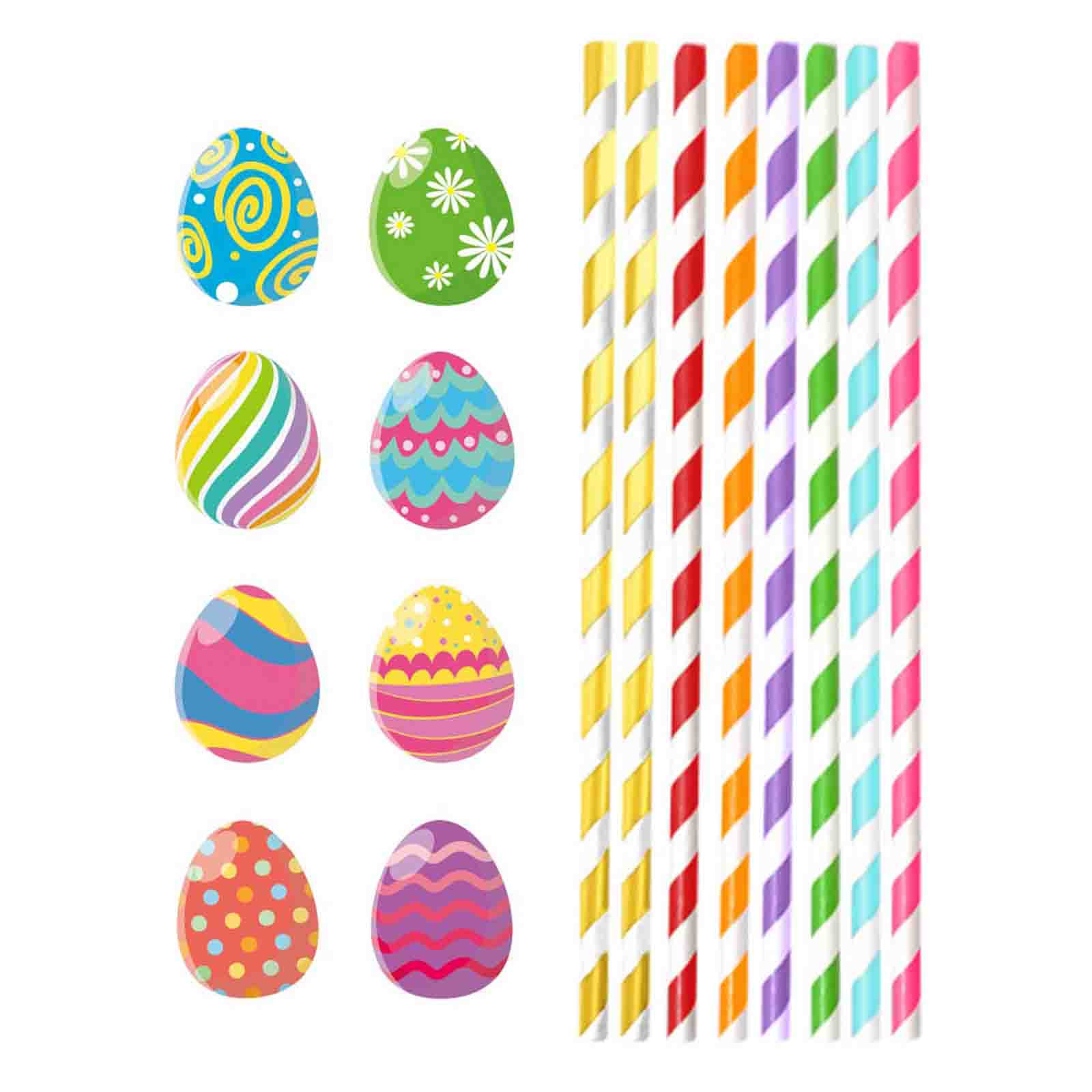 IMossad Easter Cake Inserts and Colored Egg Straw Tags – Party Decoration Supplies, Multicolor Drink Straws and Cake Toppers for Easter Celebrations